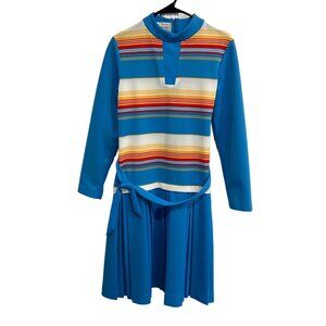 Vintage 1960s Empress Of Dallas Blue Multicolor Striped Long Sleeve Belted Dress